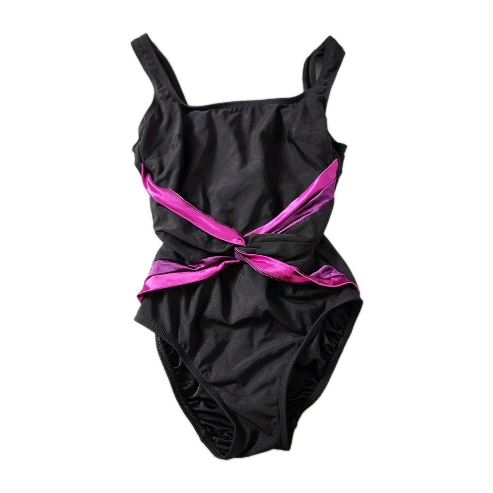 Vintage Longitude Swimsuit‎ Size 8 Black Pink Retro Bathing Suit Swim Slimming